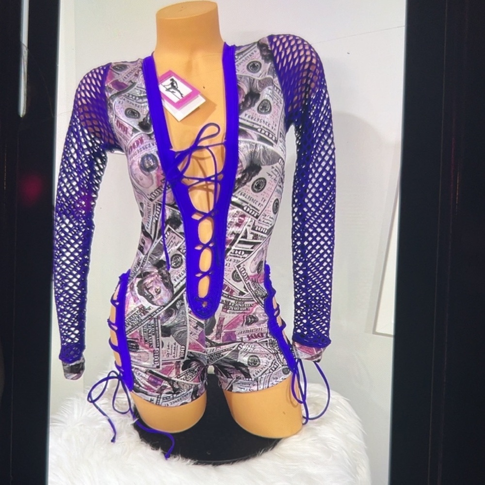 Purple and Black Money Print Bartender Bottle Girl Outfit